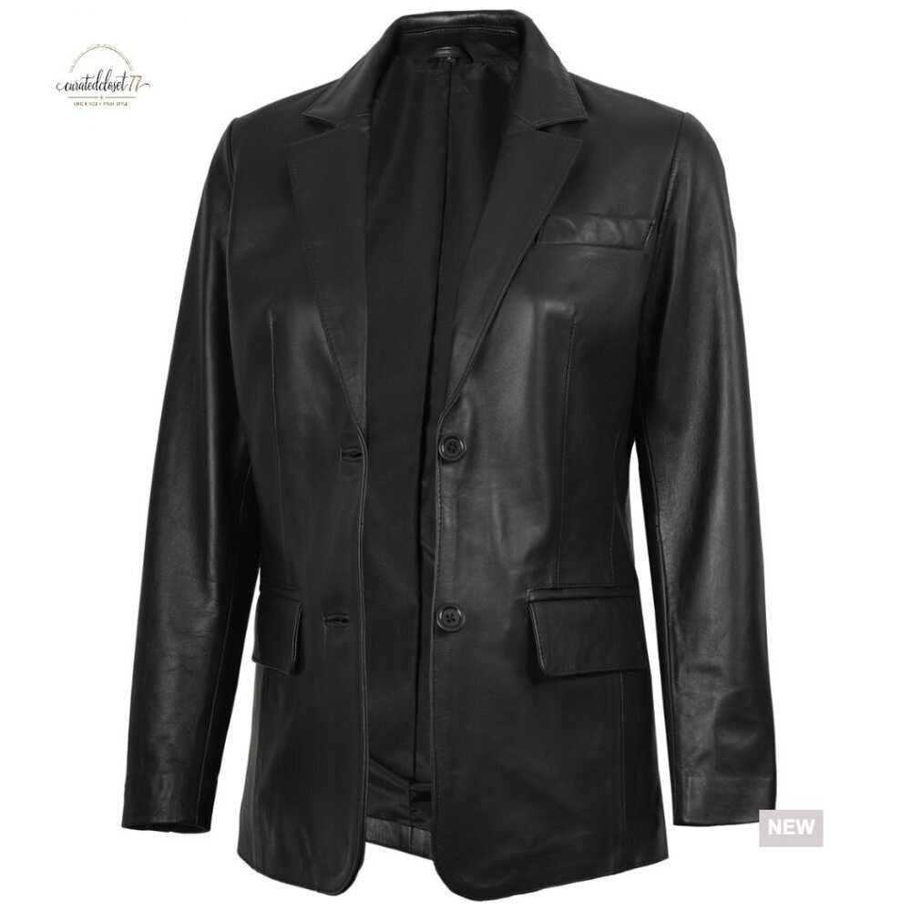 Real Lambskin Leather Blazer Women's Regular Fit Long Sleeve Jacket